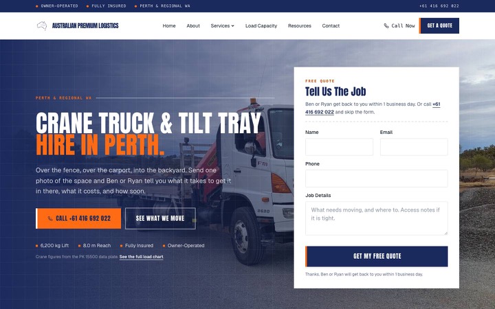 Australian Premium Logistics website on desktop