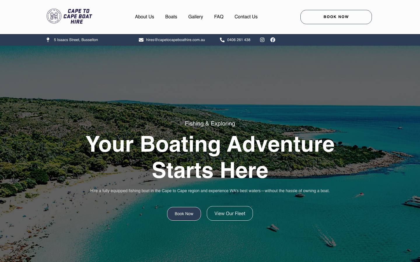 Cape to Cape Boat Hire website on desktop