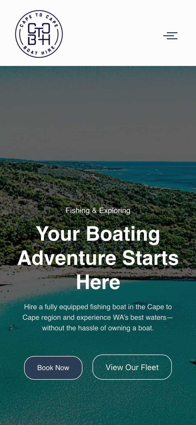 Cape to Cape Boat Hire website on mobile