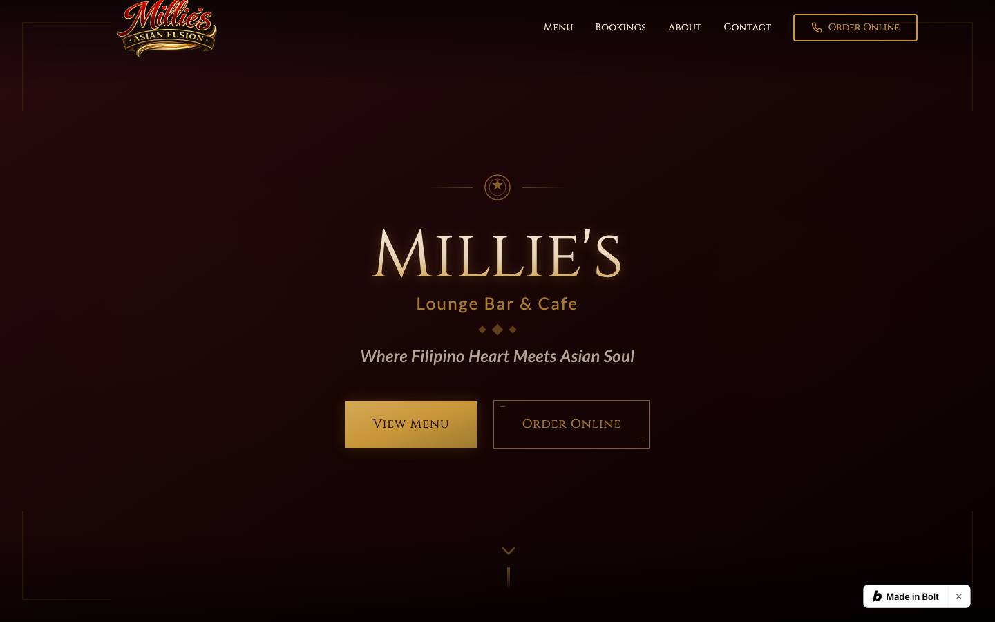 Millie's Asian Fusion website on desktop
