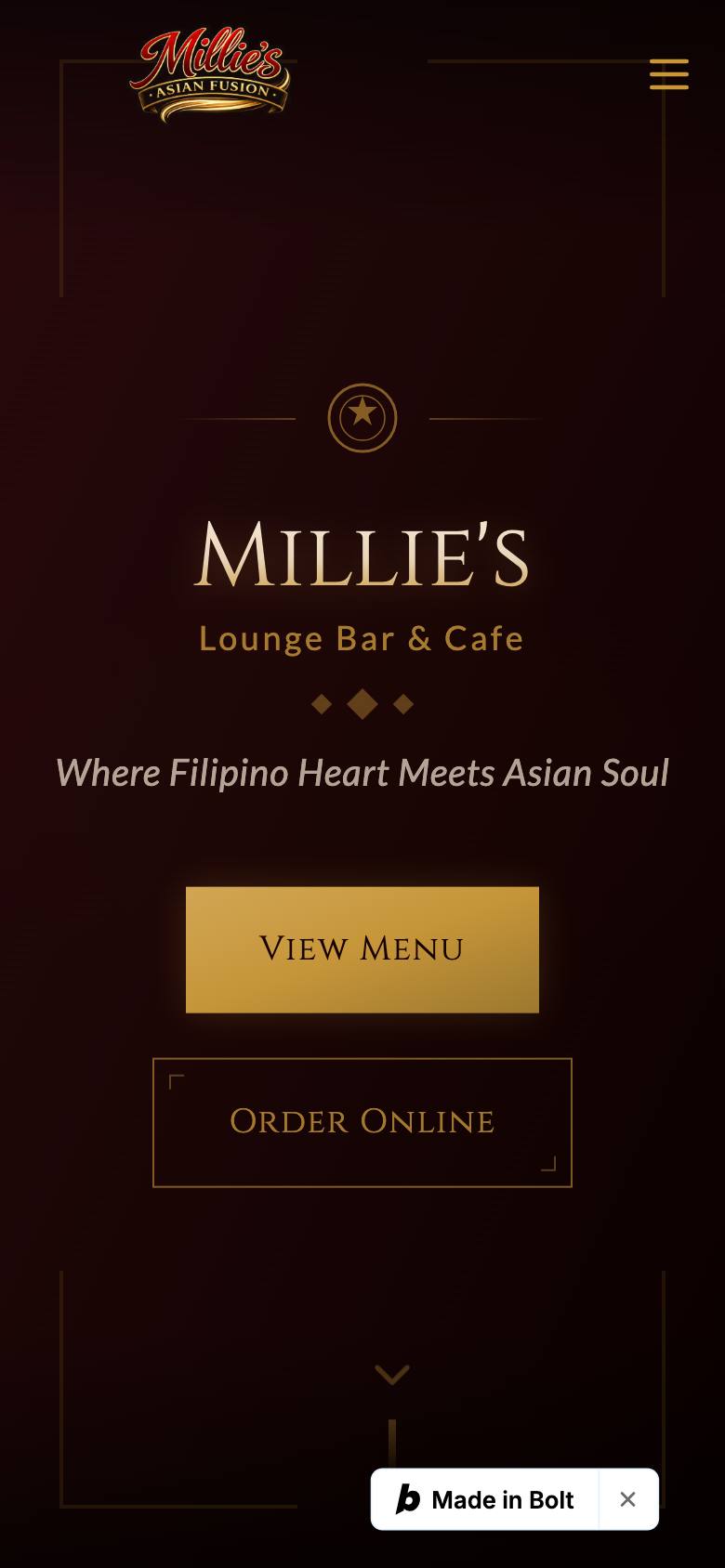 Millie's Asian Fusion website on mobile