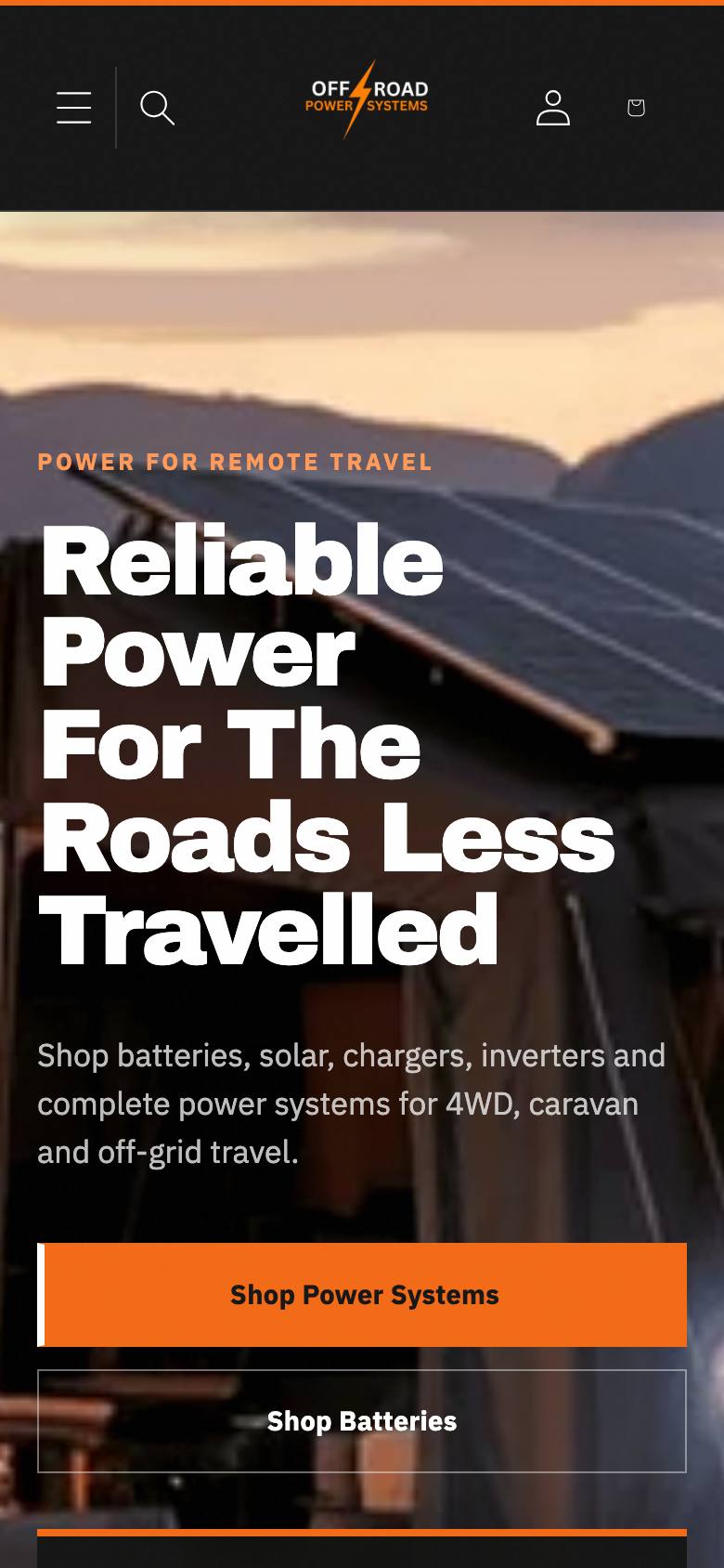 Off Road Power Systems website on mobile