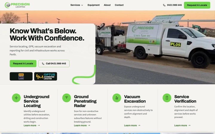 Precision Locating website on desktop