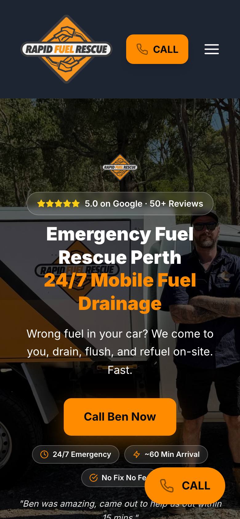 Rapid Fuel Rescue website on mobile