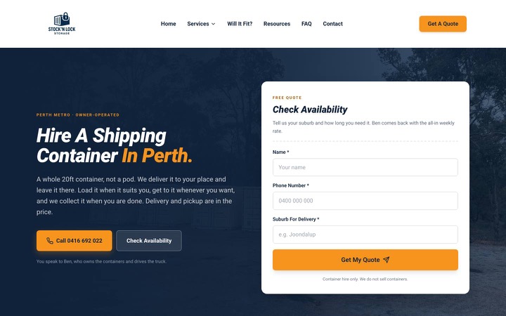 Stock'n Lock website on desktop