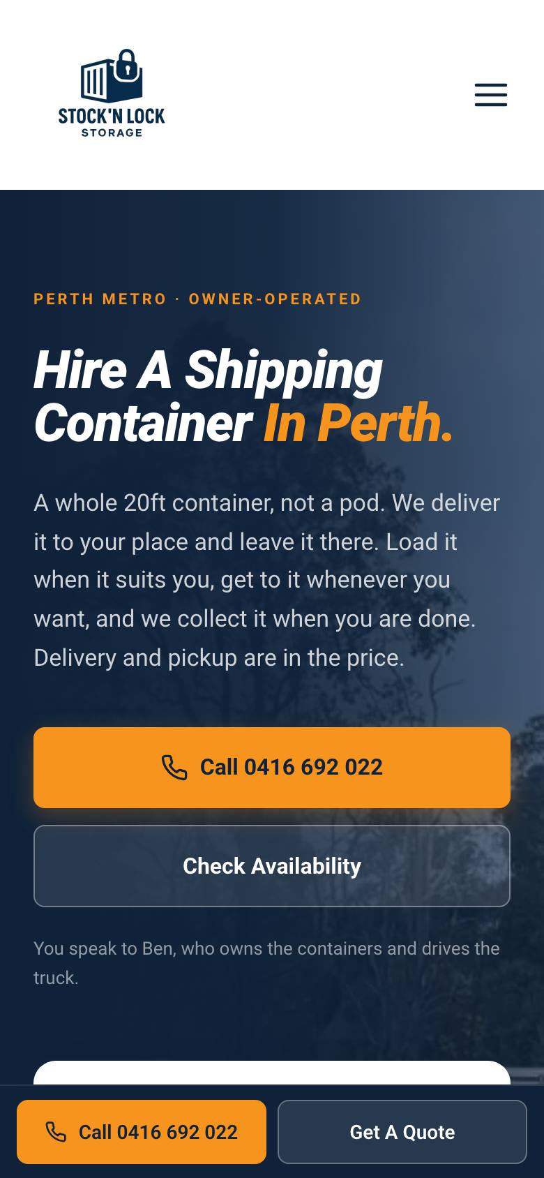 Stock'n Lock website on mobile